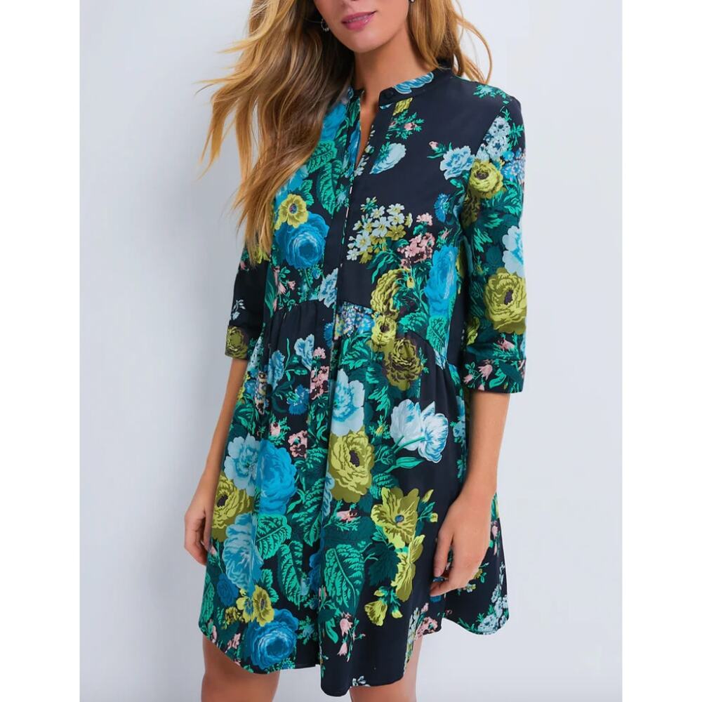 Tuckernuck Women's Verdant Floral Royal Shirt Dress Black Blue Large Garden EUC